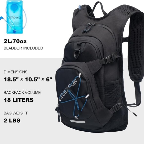 EVERFUN Hydration Backpack W/ Water Bladder 2L Insulated/Lightweight Black - Picture 3 of 10